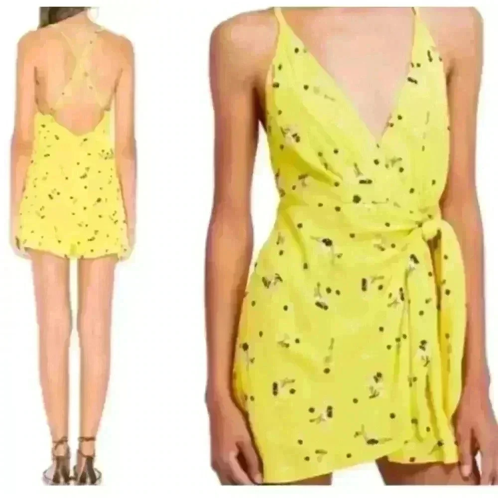Free People Electric Yellow Floral Sleeveless Tango At Night Wrap Romper 10